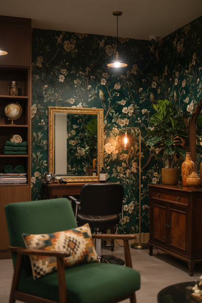 Çiçekli Kuş Desenli Duvar Kağıdı Yeşil Salon