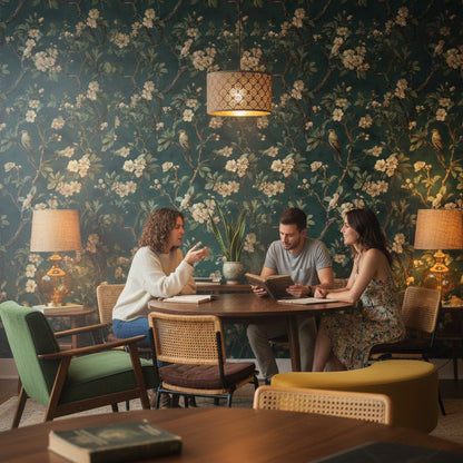 Çiçekli Kuş Desenli Duvar Kağıdı Yeşil Salon