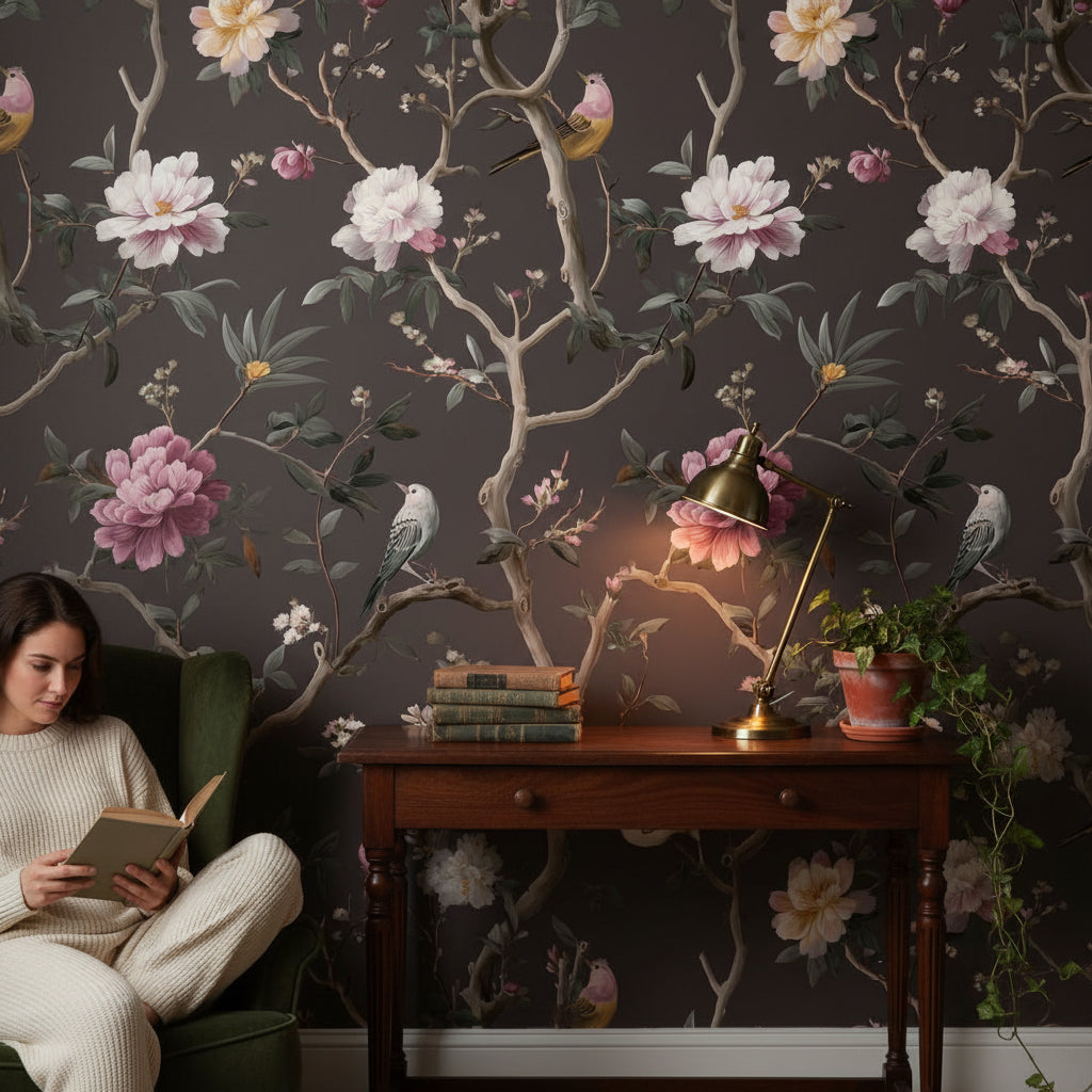 Kuşlu Çiçekli Duvar Kağıdı Koyu Zemin Vintage Desen