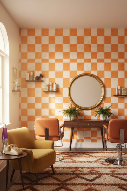 Turuncu Beyaz Kareli Duvar Kağıdı Retro Geometrik Salon