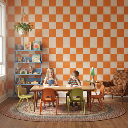 Turuncu Beyaz Kareli Duvar Kağıdı Retro Geometrik Salon