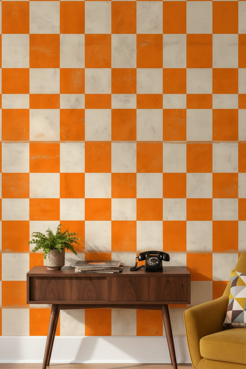 Turuncu Beyaz Kareli Duvar Kağıdı Retro Geometrik Salon