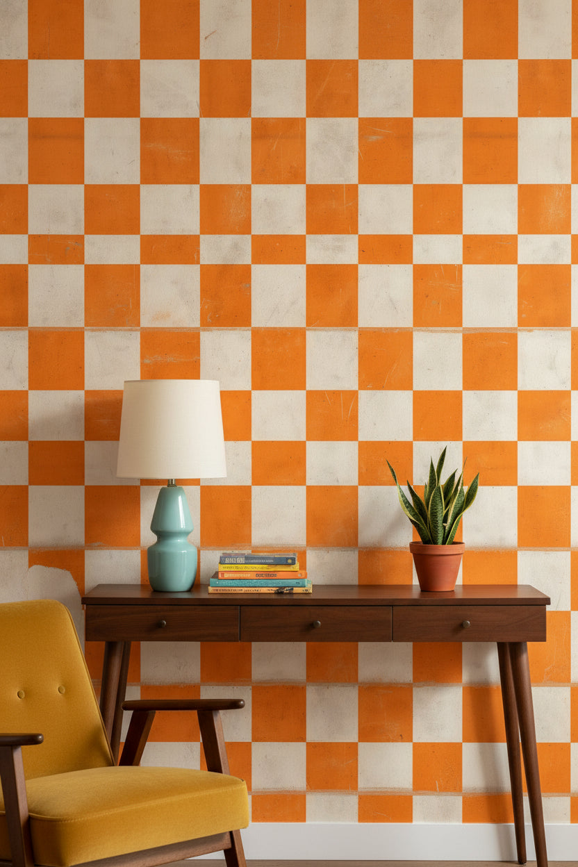 Turuncu Beyaz Kareli Duvar Kağıdı Retro Geometrik Salon