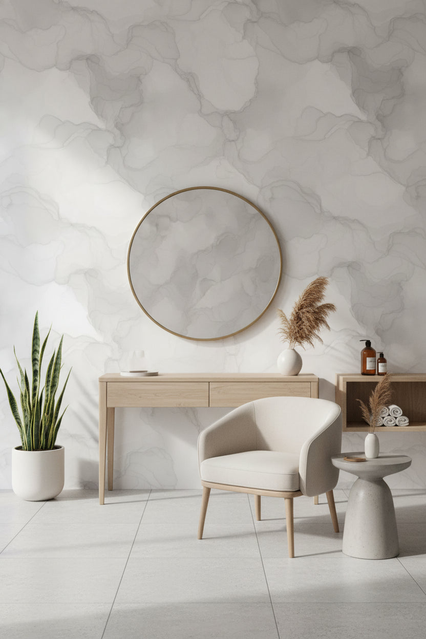 Gri Bulut Efektli Duvar Kağıdı Modern Minimal Salon