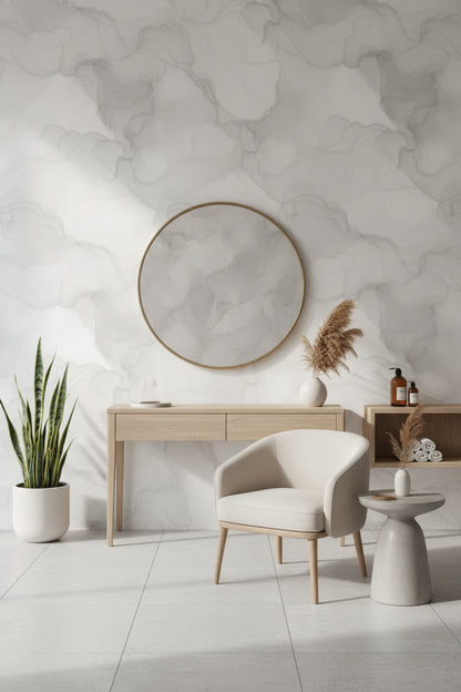 Gri Bulut Efektli Duvar Kağıdı Modern Minimal Salon