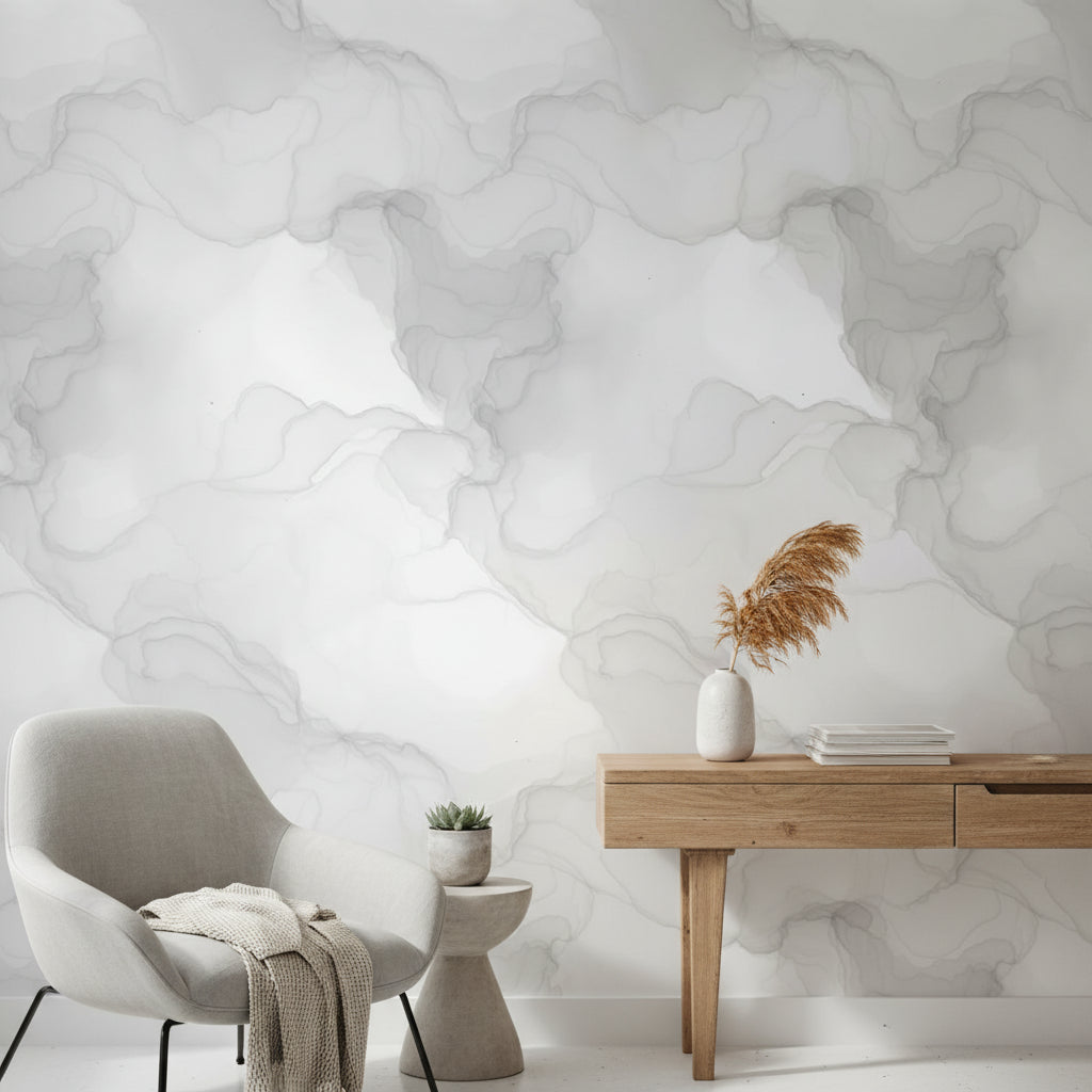 Gri Bulut Efektli Duvar Kağıdı Modern Minimal Salon