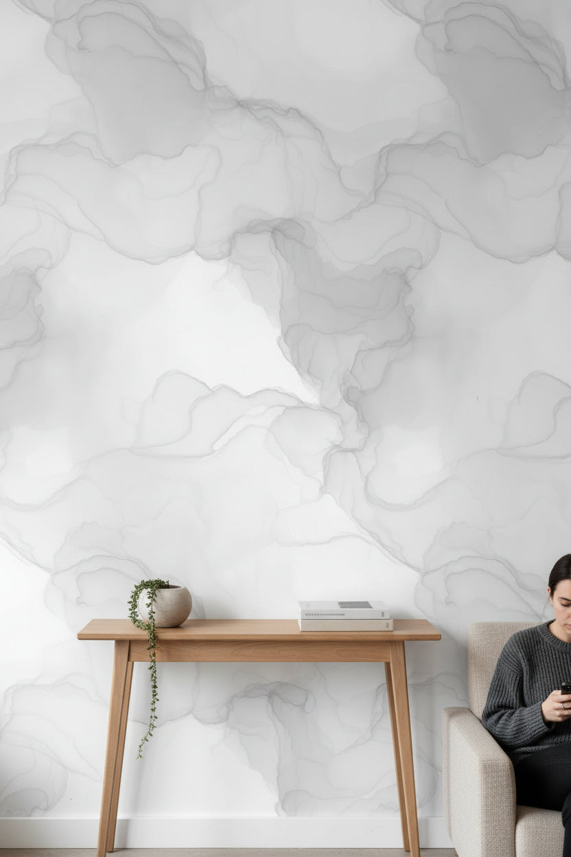 Gri Bulut Efektli Duvar Kağıdı Modern Minimal Salon