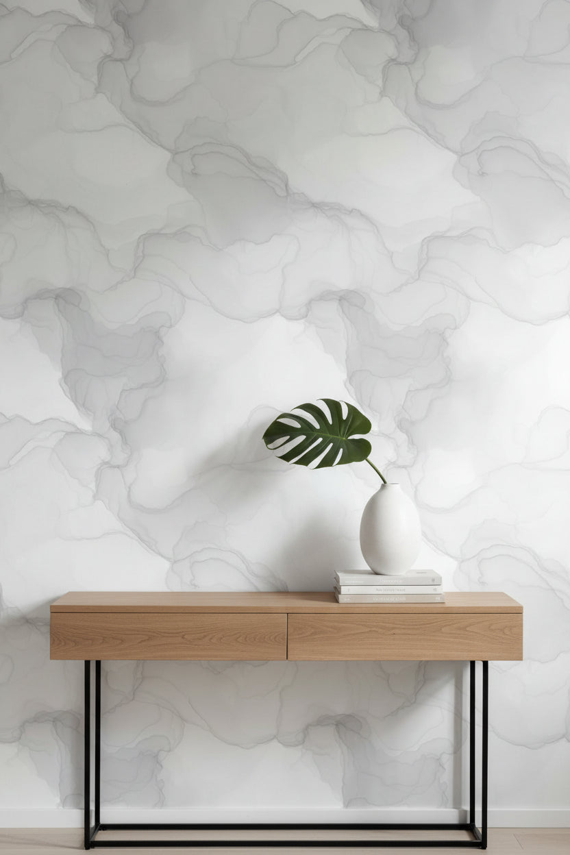 Gri Bulut Efektli Duvar Kağıdı Modern Minimal Salon