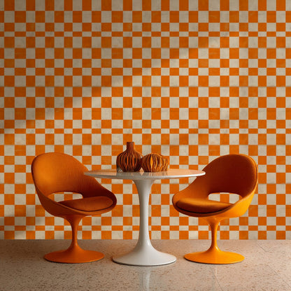 Turuncu Beyaz Kareli Duvar Kağıdı Retro Geometrik Salon