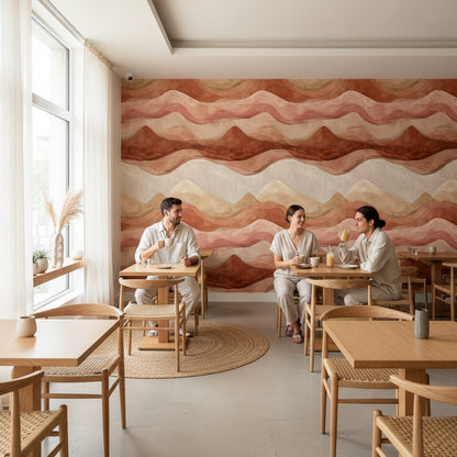 Soyut Dalga Desenli Duvar Kağıdı Terracotta Bej Salon