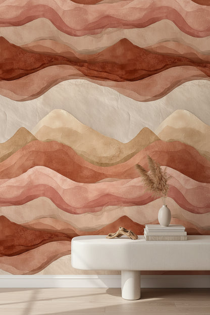 Soyut Dalga Desenli Duvar Kağıdı Terracotta Bej Salon