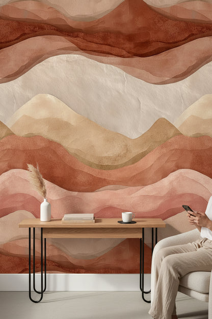 Soyut Dalga Desenli Duvar Kağıdı Terracotta Bej Salon