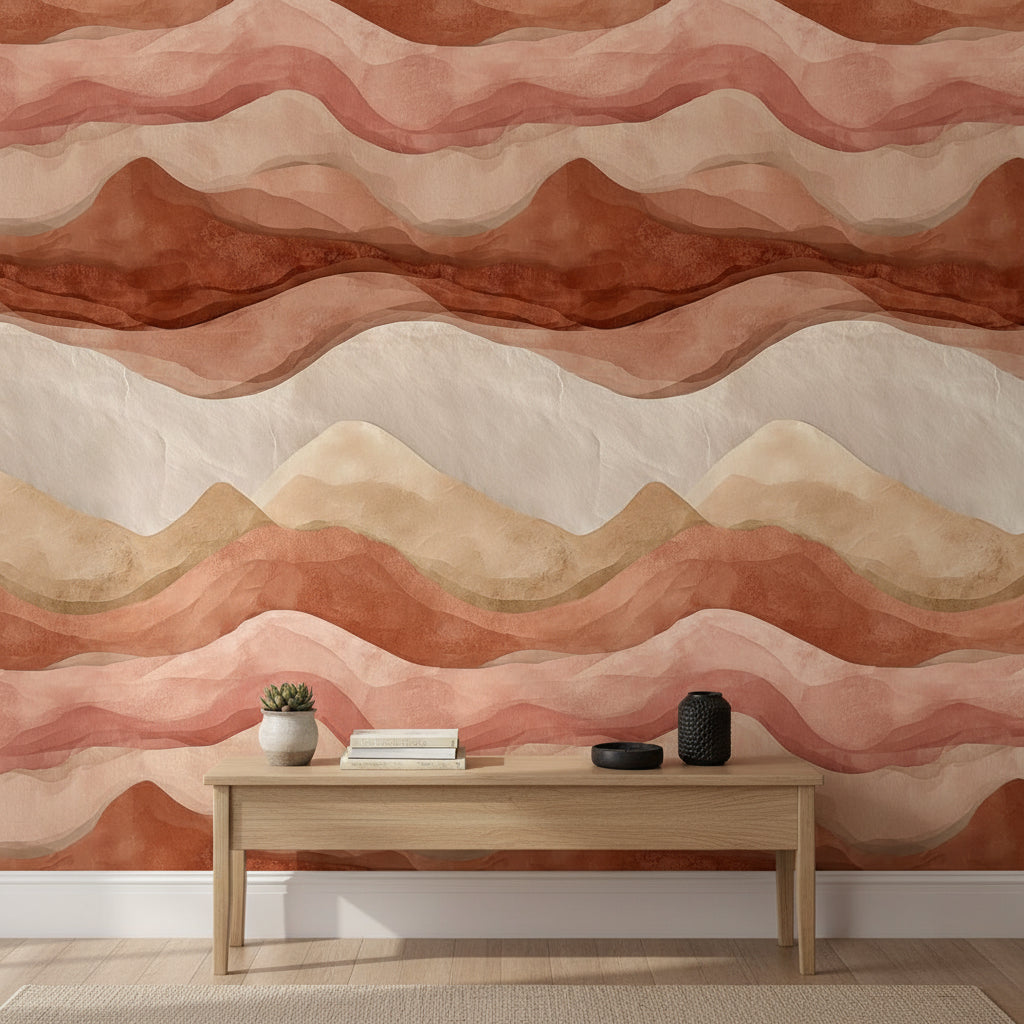 Soyut Dalga Desenli Duvar Kağıdı Terracotta Bej Salon