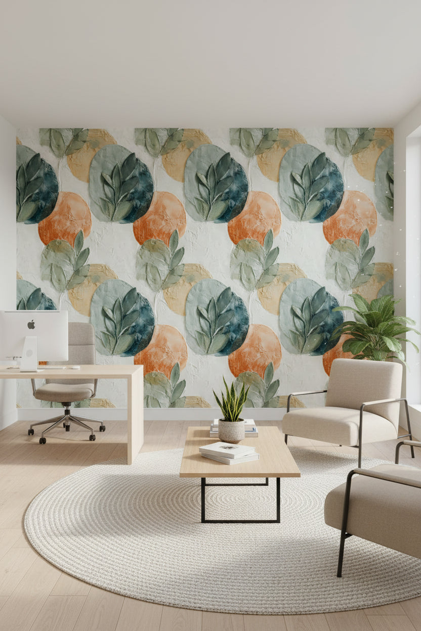 Soyut Yaprak Desenli Duvar Kağıdı Yeşil Turuncu Modern Salon