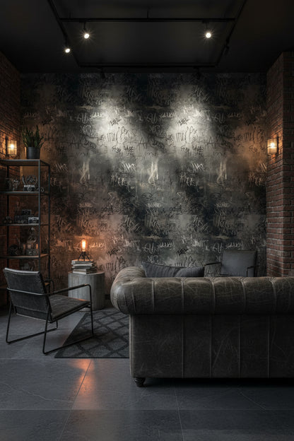 Grafiti Desenli Duvar Kağıdı Koyu Gri Endüstriyel Salon