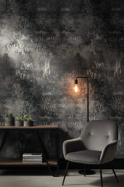 Grafiti Desenli Duvar Kağıdı Koyu Gri Endüstriyel Salon