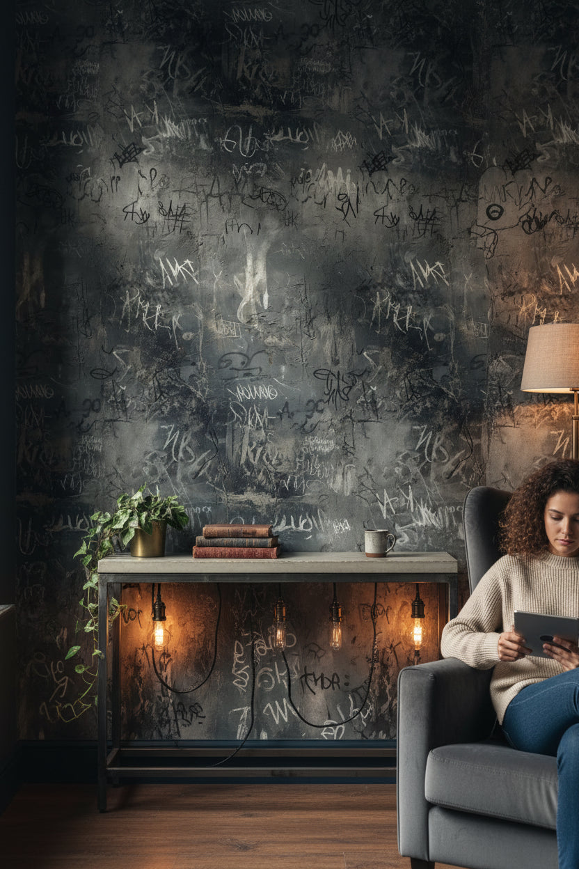 Grafiti Desenli Duvar Kağıdı Koyu Gri Endüstriyel Salon