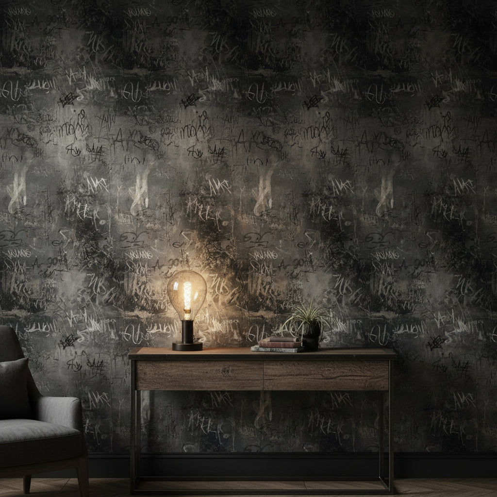 Grafiti Desenli Duvar Kağıdı Koyu Gri Endüstriyel Salon