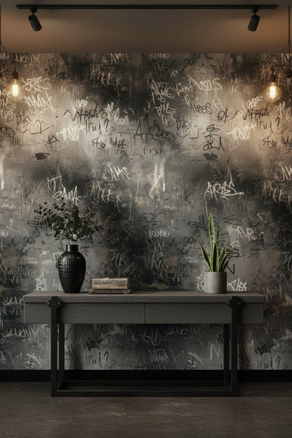 Grafiti Desenli Duvar Kağıdı Koyu Gri Endüstriyel Salon