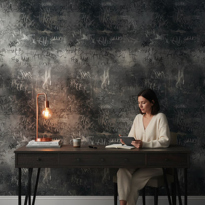 Grafiti Desenli Duvar Kağıdı Koyu Gri Endüstriyel Salon