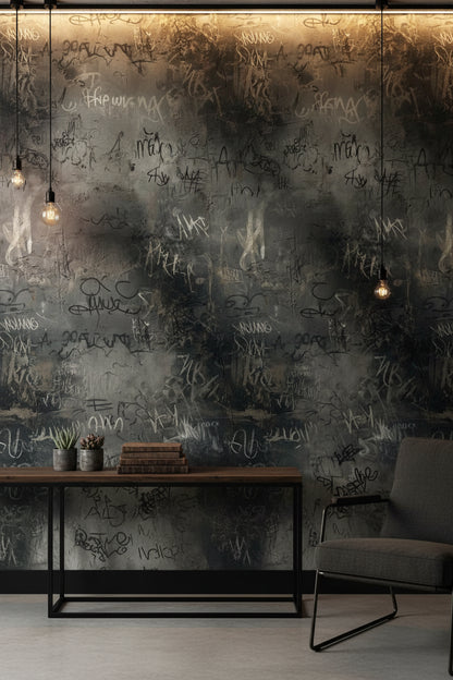 Grafiti Desenli Duvar Kağıdı Koyu Gri Endüstriyel Salon
