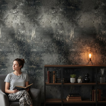 Grafiti Desenli Duvar Kağıdı Koyu Gri Endüstriyel Salon