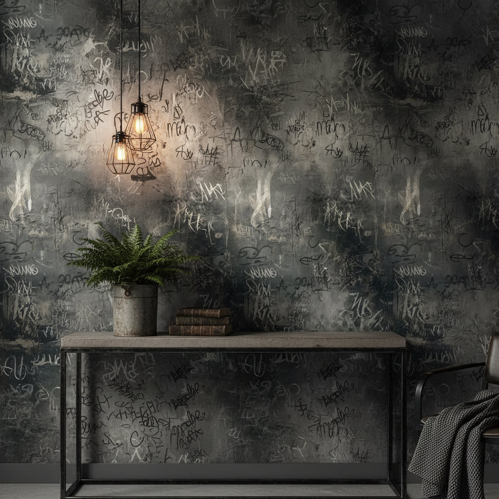 Grafiti Desenli Duvar Kağıdı Koyu Gri Endüstriyel Salon