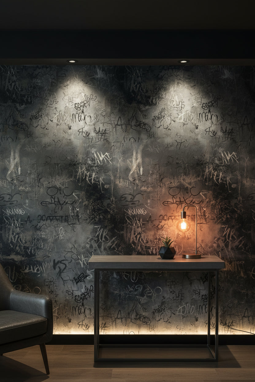 Grafiti Desenli Duvar Kağıdı Koyu Gri Endüstriyel Salon