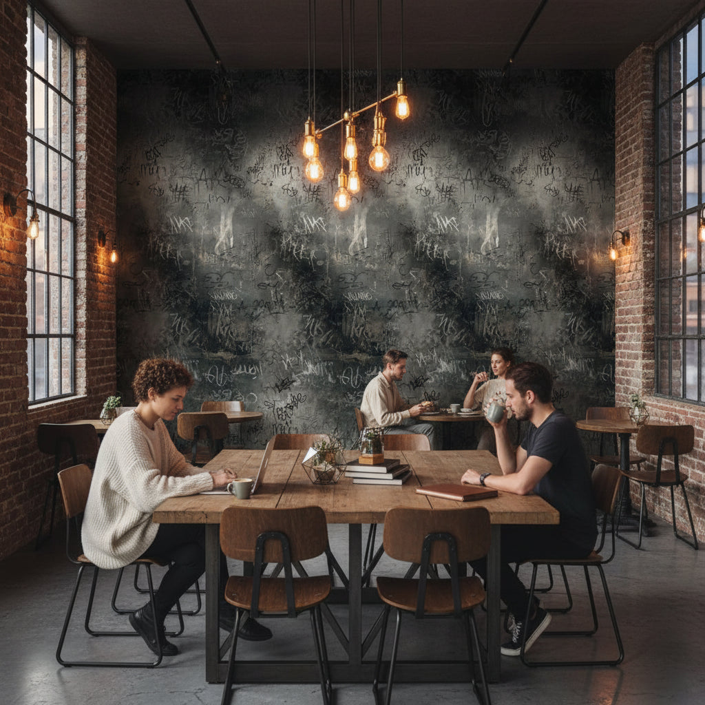 Grafiti Desenli Duvar Kağıdı Koyu Gri Endüstriyel Salon