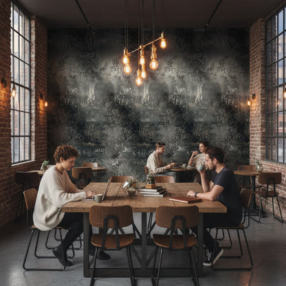 Grafiti Desenli Duvar Kağıdı Koyu Gri Endüstriyel Salon