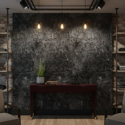 Grafiti Desenli Beton Duvar Kağıdı Koyu Gri Endüstriyel Salon