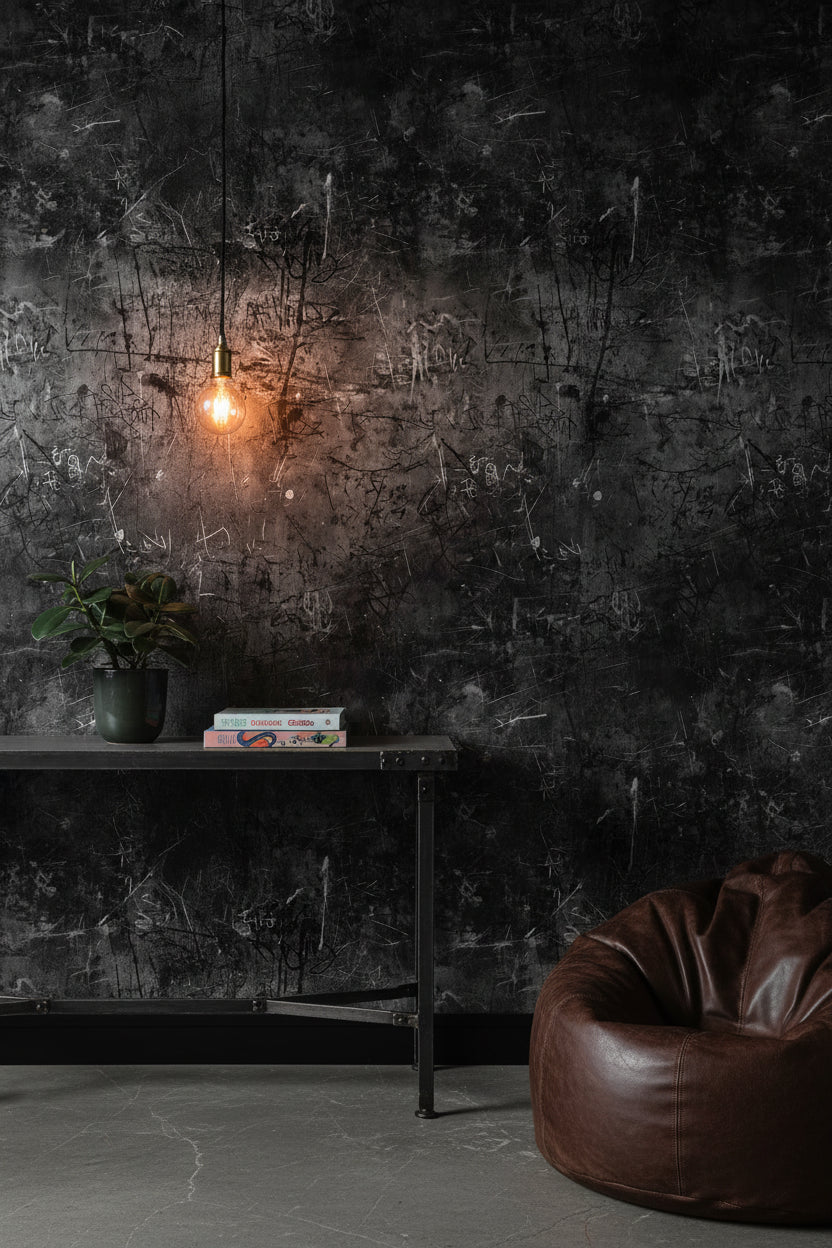 Grafiti Desenli Beton Duvar Kağıdı Koyu Gri Endüstriyel Salon