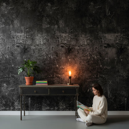 Grafiti Desenli Beton Duvar Kağıdı Koyu Gri Endüstriyel Salon