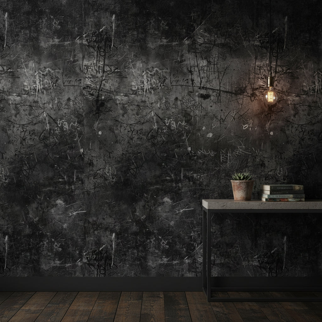Grafiti Desenli Beton Duvar Kağıdı Koyu Gri Endüstriyel Salon