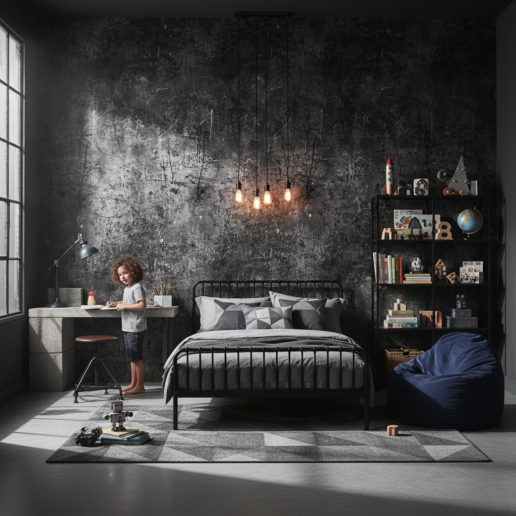 Grafiti Desenli Beton Duvar Kağıdı Koyu Gri Endüstriyel Salon