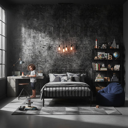 Grafiti Desenli Beton Duvar Kağıdı Koyu Gri Endüstriyel Salon