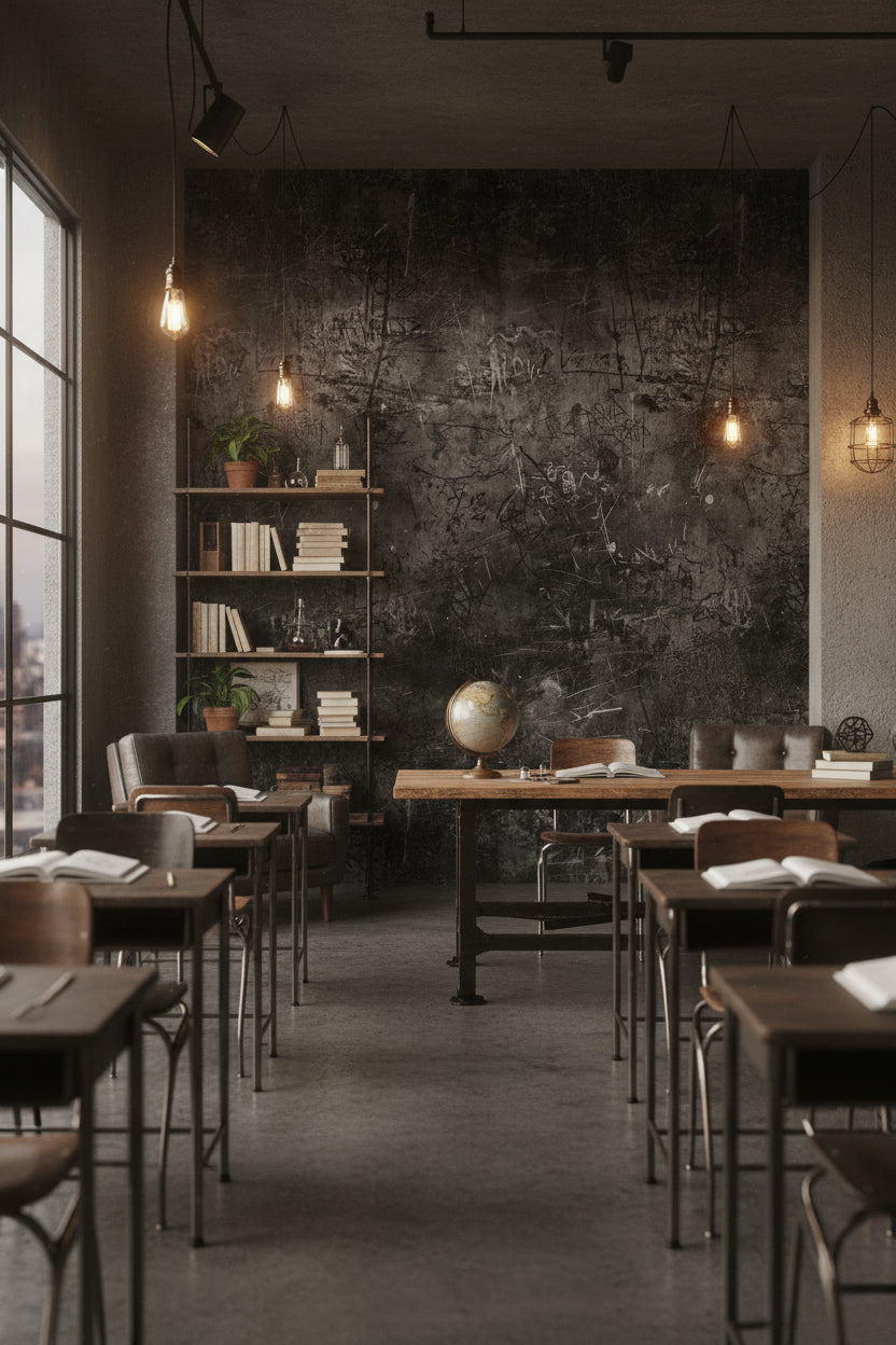 Grafiti Desenli Beton Duvar Kağıdı Koyu Gri Endüstriyel Salon