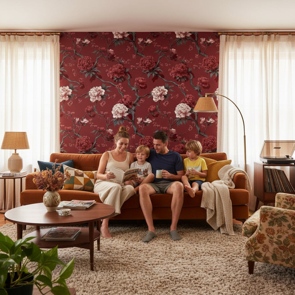 Bordo Çiçekli Duvar Kağıdı Vintage Şakayık Desenli Salon