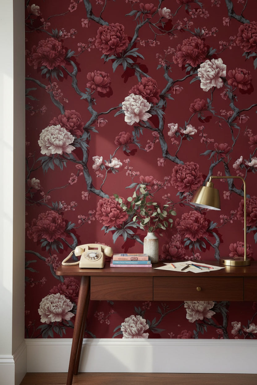 Bordo Çiçekli Duvar Kağıdı Vintage Şakayık Desenli Salon