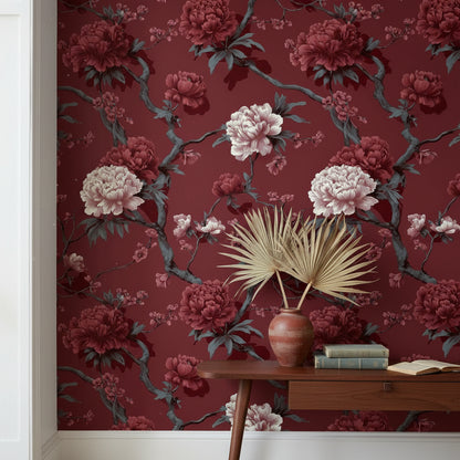 Bordo Çiçekli Duvar Kağıdı Vintage Şakayık Desenli Salon