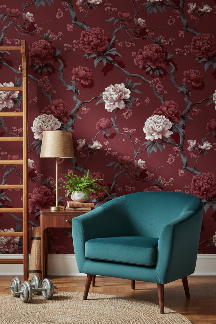 Bordo Çiçekli Duvar Kağıdı Vintage Şakayık Desenli Salon