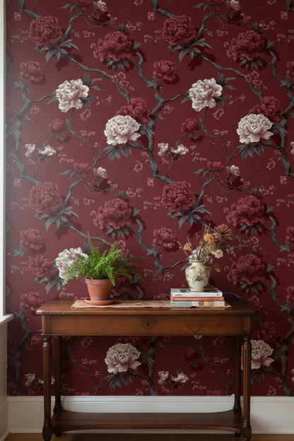 Bordo Çiçekli Duvar Kağıdı Vintage Şakayık Desenli Salon