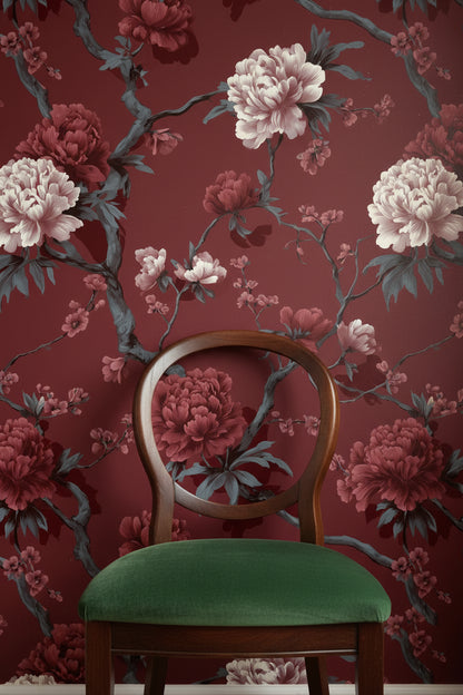 Bordo Çiçekli Duvar Kağıdı Vintage Şakayık Desenli Salon