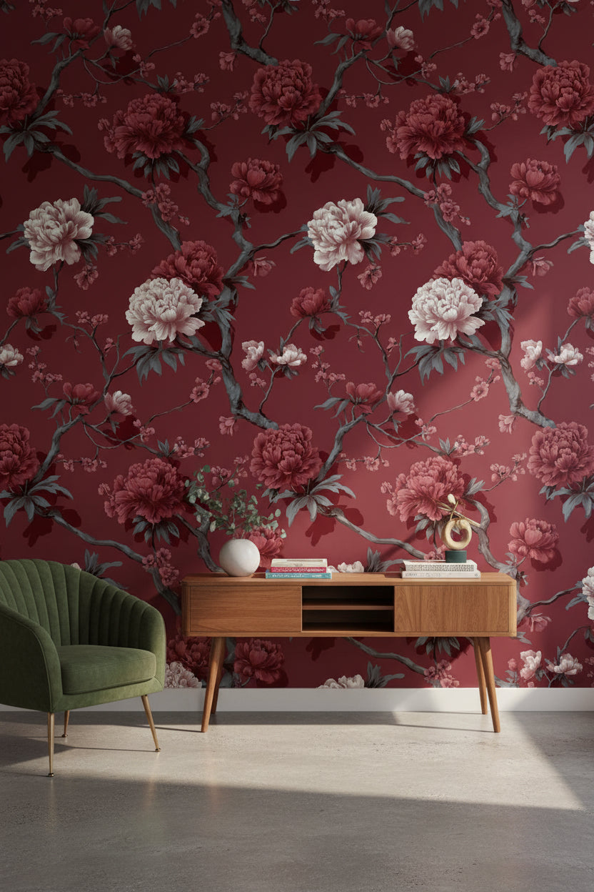 Bordo Çiçekli Duvar Kağıdı Vintage Şakayık Desenli Salon