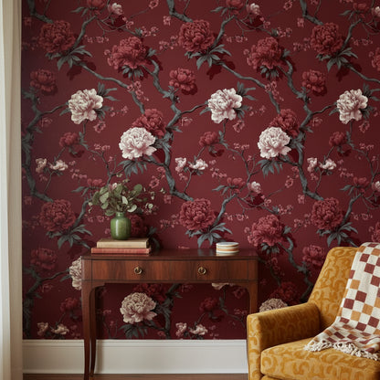 Bordo Çiçekli Duvar Kağıdı Vintage Şakayık Desenli Salon