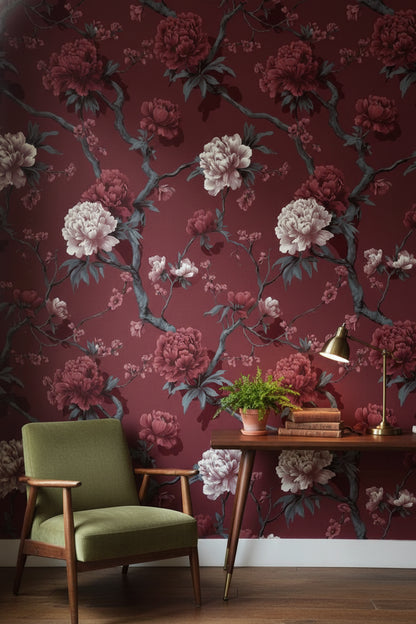 Bordo Çiçekli Duvar Kağıdı Vintage Şakayık Desenli Salon