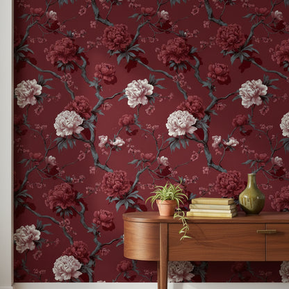 Bordo Çiçekli Duvar Kağıdı Vintage Şakayık Desenli Salon