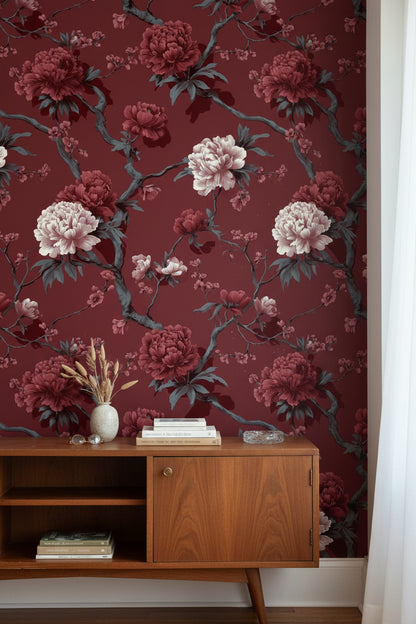 Bordo Çiçekli Duvar Kağıdı Vintage Şakayık Desenli Salon