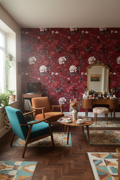 Bordo Çiçekli Duvar Kağıdı Vintage Şakayık Desenli Salon