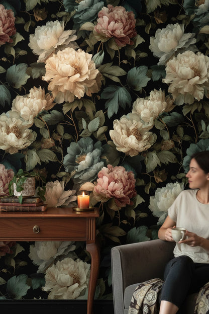 Koyu Zeminli Vintage Şakayık Duvar Kağıdı Çiçek Desenli